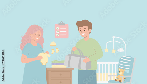 Happy expectant couple preparing baby nursery packing a hospital bag with care