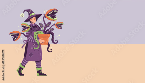 Enchanting witch proudly carries a pot of spooky hungry plants Halloween magic