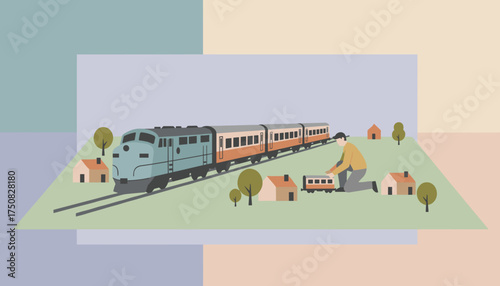 Man setting up a toy train in a miniature town depicting hobby leisure and nostalgia