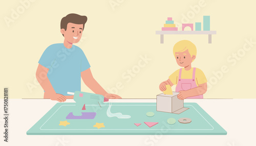 Father and child crafting together at home fostering creativity learning and family bonding