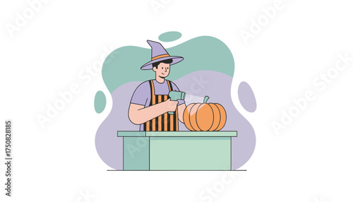 Retail worker in witch hat scanning a pumpkin at a festive seasonal shop