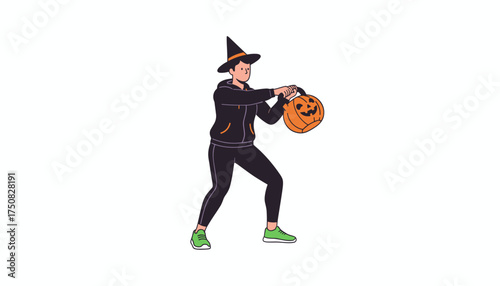 Person in witch hat and tracksuit holding a Halloween pumpkin bucket ready for trickortreating