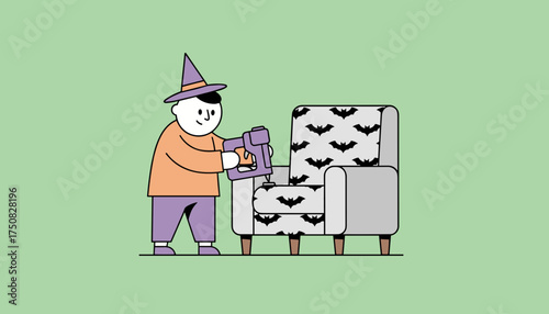 Happy person in witch hat reupholstering a chair with bat pattern for Halloween decor