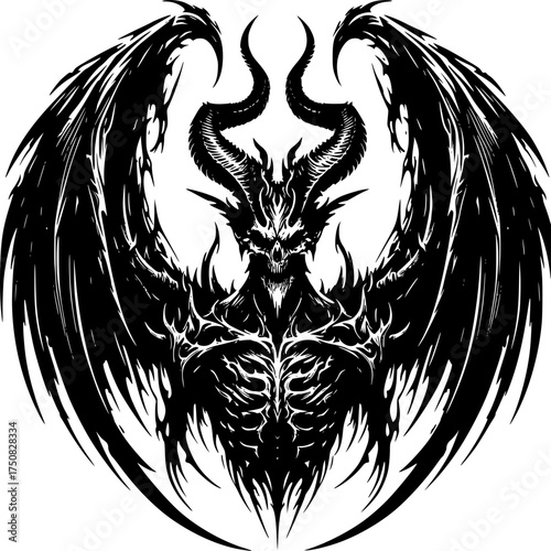 Infernal Art: A commanding portrayal of a fearsome demon, meticulously crafted with striking black lines, embodying both strength and an air of foreboding. 