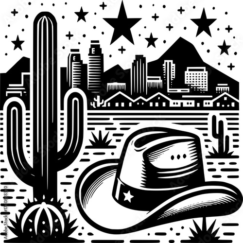 Western Cityscape: A monochrome illustration, capturing the essence of the wild west, featuring a cactus, a cowboy hat, and the cityscape under a starry sky. 