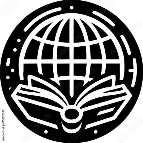 Global Knowledge: A black and white emblem featuring an open book and globe, symbolizing global knowledge, education and information