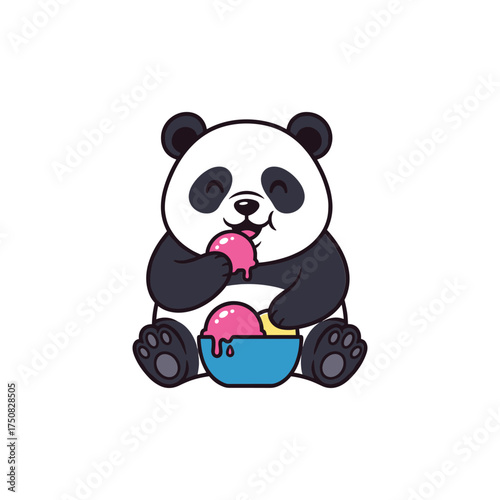 Cute cartoon panda bear happily eating a bowl of pink ice cream on a vector