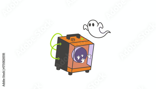 Whimsical ghost trap with captured spirits and escaping ghost great for Halloween or supernatural concepts