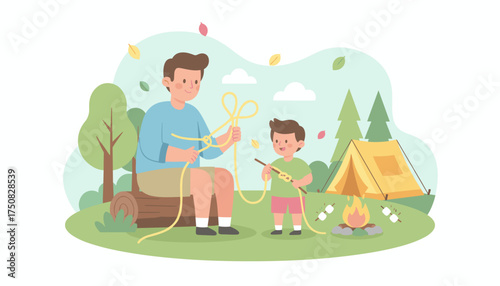Camping fun Dad teaches son knot tying near a tent and campfire with marshmallows Family bonding