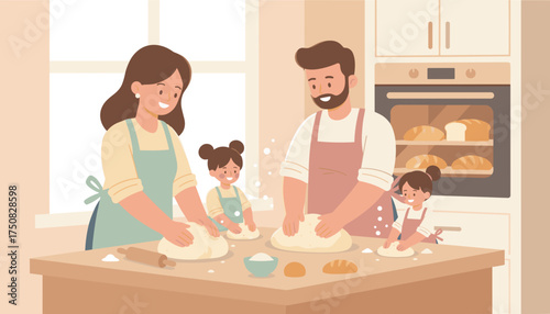 Happy family baking bread together in a cozy kitchen teaching children cooking skills