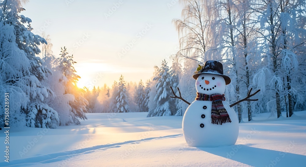 Obraz premium Happy snowman in a snowy forest at sunrise with sun flare