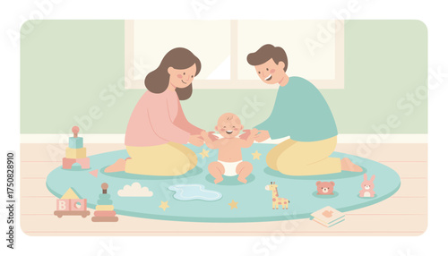 Happy parents playing with their joyful baby on a colorful mat with toys Family bonding and development