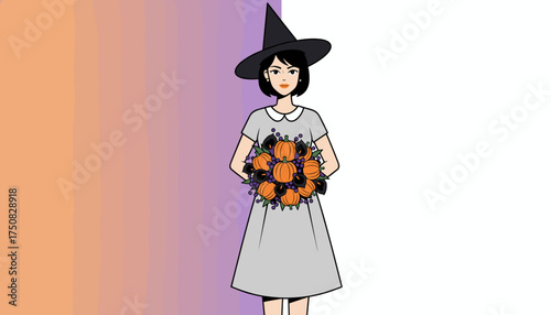 Woman in witch hat holds festive pumpkin and floral bouquet for autumn Halloween celebration