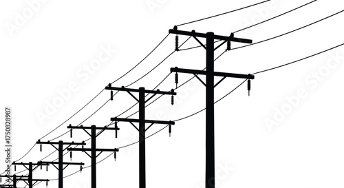 Minimalist vector illustration of utility poles with power lines, perspective depth, electricity distribution, communication infrastructure, rural landscape, energy transmission design