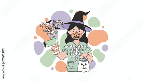 Witch in skeleton scrubs pumpkin mask holding Halloween candy and treat bag Festive season