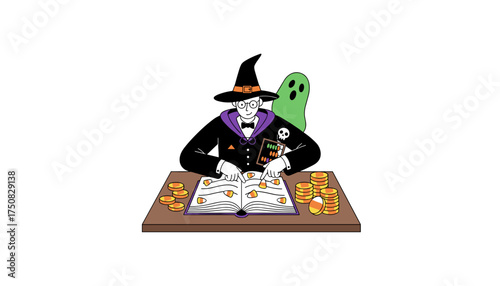 Wizard counting candy corn and coins budgeting for Halloween festivities with a ghost