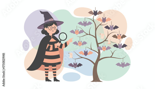 Cute witch with magnifying glass studies bat family tree for Halloween fantasy or genealogy