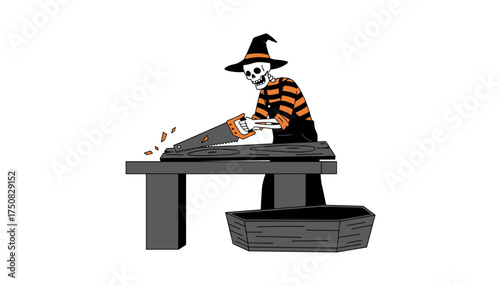 Skeleton in witch hat sawing wood for a coffin Halloween DIY spooky craftsmanship