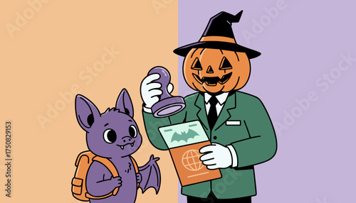 Cute bat gets passport stamped by pumpkin agent ready for Halloween travel adventure