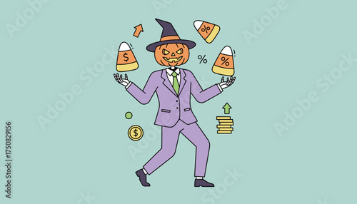 Pumpkin businessman juggles candy corn with financial symbols representing Halloween business growth