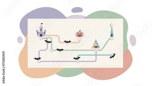 Halloweenthemed map connecting spooky locations with bats and pumpkins Ideal for holiday designs