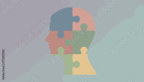 Human head silhouette formed by colorful puzzle pieces symbolizing complex thought mental health and problemsolving
