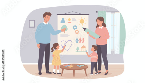 Happy family drawing goals and dreams on a whiteboard symbolizing future planning and unity at home