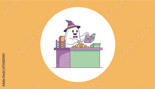 Cute ghost in witch hat managing candy corn finances with abacus Halloween business concept