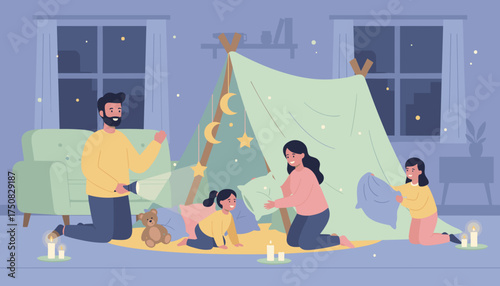 Family building a cozy blanket fort at night full of joy and imagination