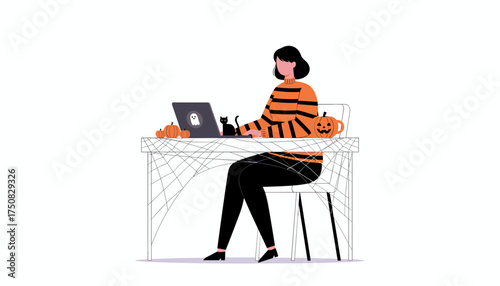 Festive woman in Halloween sweater working on laptop with pumpkins and black cat Remote holiday work