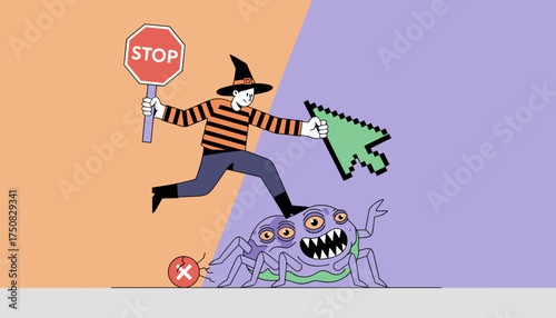 Cybersecurity concept Hacker steps on virus with stop sign protecting digital data