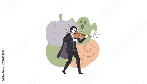 Dapper skeleton playing violin with pumpkin and ghost for festive Halloween events