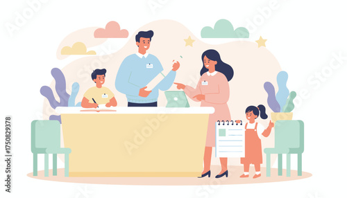 Family at registration desk smiling engaged in learning or event signup Education welcome concept