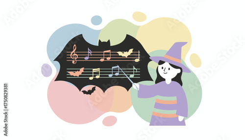 Whimsical witch conducting a spooky Halloween song with music notes and bats in a flat design