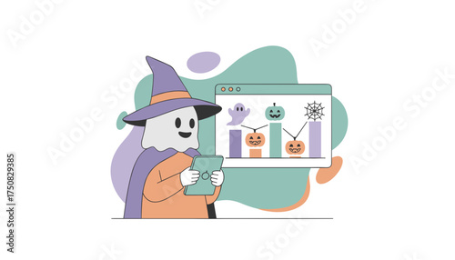 A ghost analyzes Halloween data on a tablet perfect for spooky business marketing or tech