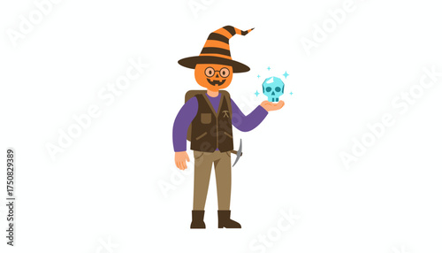 Adventurer with pumpkin head witch hat holding a glowing crystal skull for Halloween fun