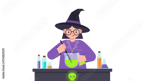 Friendly witch brews a glowing green potion mixing ingredients in her magical lab