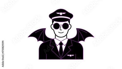 Stylish pilot character with bat wings and sunglasses merging travel and fantasy themes
