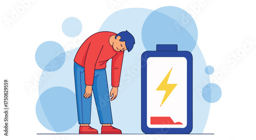 Man looking exhausted next to a low battery icon isolated on transparent background