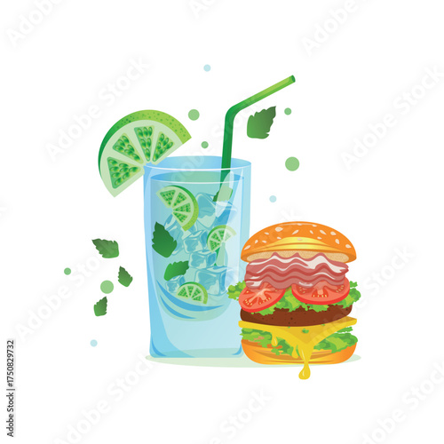 Mojito with lime and a summer burger with cheese and tomato. Vector cartoon illustration. Summery, chilled vibe. A combination of fast food and a healthy drink. Non-alcoholic mojito.