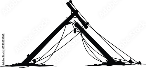 Silhouette of collapsed utility pole structure with tangled cables, dramatic inverted V shape, construction repair scene, electricity telecommunication infrastructure illustration