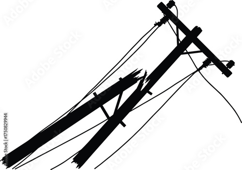Silhouette of broken utility pole with damaged power lines, storm destruction, infrastructure collapse, electricity outage, disaster recovery, emergency repair illustration