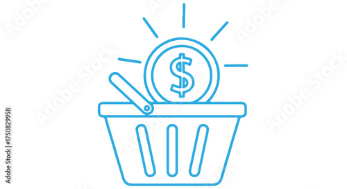 Shopping basket icon with a dollar coin and radiating lines, isolated on transparent background