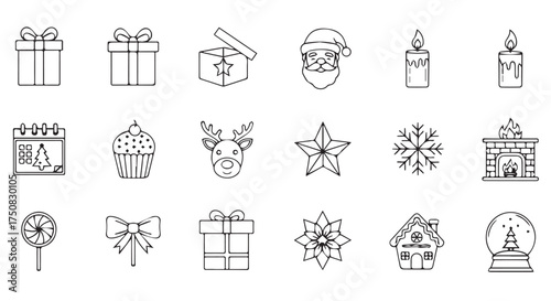 Collection of christmas icons including gifts, santa, candle, and snowflake isolated on transparent background