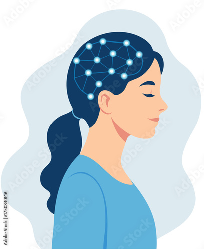Vector illustration of a woman's side view with a glowing network of neurons in her head. Symbolic of artificial intelligence, neural connections, innovation, digital thinking, intelligent thinking