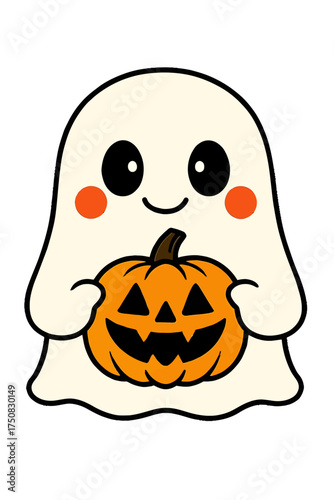 Cute cartoon ghost holding a jack-o'-lantern pumpkin for Halloween.