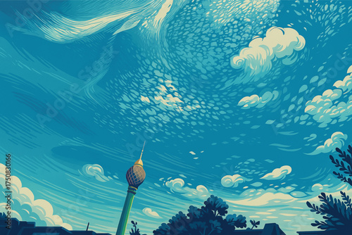 Vector Art of Colombo Lotus Tower against a Dynamic Blue Sky. Stylized illustration of the Sri Lankan landmark with unique, flowing clouds and vibrant colors. Adobe Illustrator Artwork