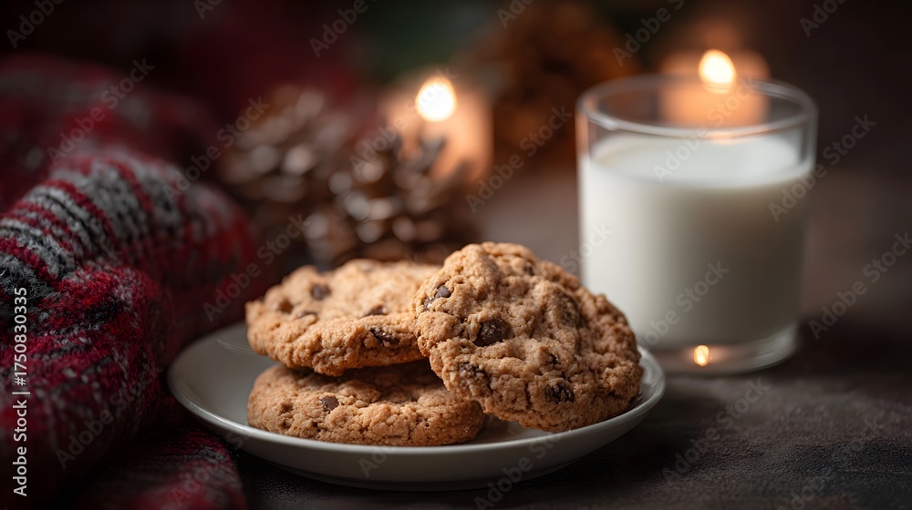 Fototapeta premium A cozy arrangement of chocolate chip cookies and milk with candles and a warm blanket evoking a festive holiday mood