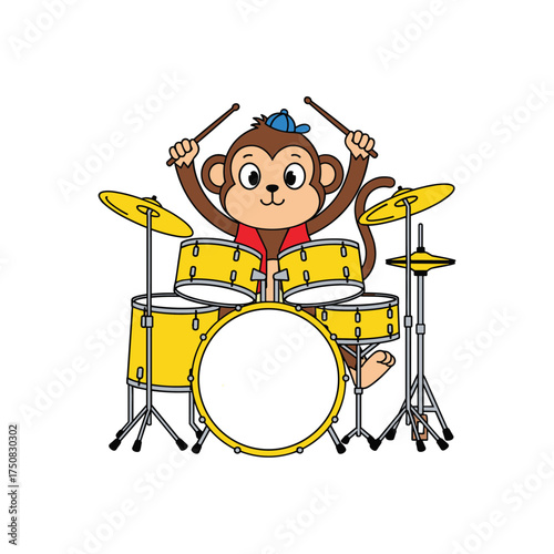 Joyful cartoon monkey playing drum set enthusiasm musical performance fun beat rhythm vector