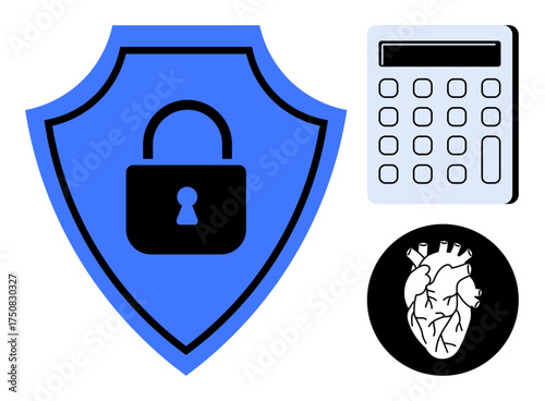 Locked shield, calculator, anatomical heart artwork reflect security, financial planning, and healthcare themes. Ideal for cybersecurity, finance, medical, technology protection wellness simple